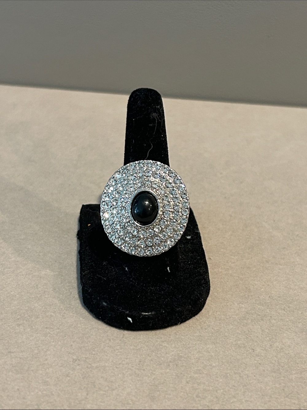 Silver-Tone Crystal Disc Ring with Black Center Stone